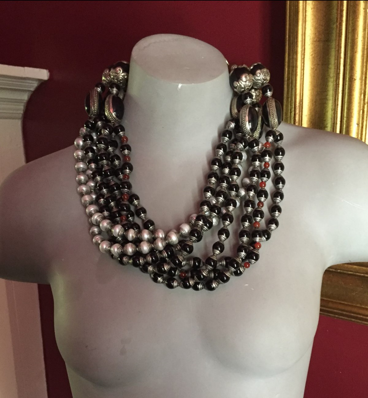 Black onyx, Carnelian, Fresh water pearls, silver, Tibetan
